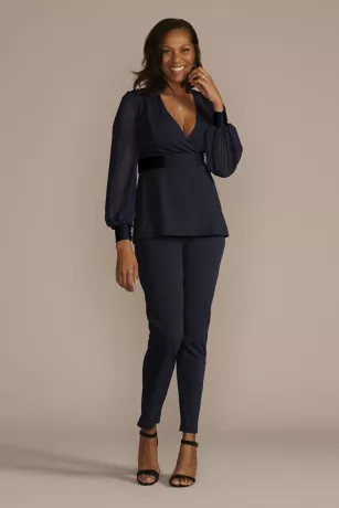 Long Sleeve Illusion Crepe Pantsuit 1 Long Sleeve Illusion Crepe Pantsuit