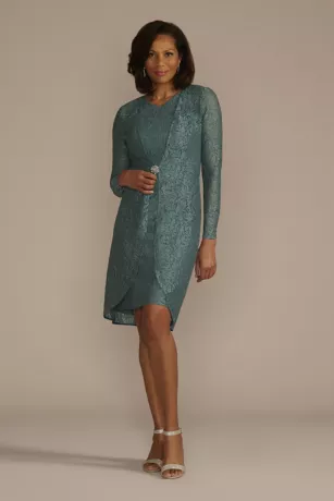Knee Length Glitter Lace Sheath Jacket Dress 1 Knee Length Glitter Lace Sheath Jacket Dress