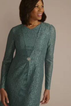 Knee Length Glitter Lace Sheath Jacket Dress 7 Knee Length Glitter Lace Sheath Jacket Dress -Kelly Shop D40NY23292V1 GREEN MOB PROD2 045