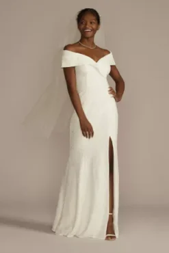 Cuffed Off-the-Shoulder Lace Sheath Gown