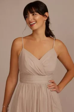 Spaghetti Strap Ruched Waist Mesh Bridesmaid Dress 7 Spaghetti Strap Ruched Waist Mesh Bridesmaid Dress -Kelly Shop F19944 BISCOTTI BM PROD9 V2 063 detail