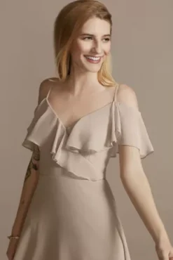 Chiffon Off-the-Shoulder Midi Bridesmaid Dress -Kelly Shop F20438 BISCOTTI BM PROD5 038