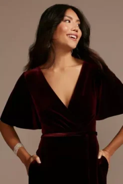 Stretch Velvet Flutter Sleeve Bridesmaid Dress -Kelly Shop F20469 WINE BM PROD9 91