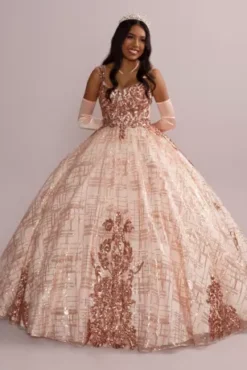 Patterned Sequin Quince Ball Gown With Bolero