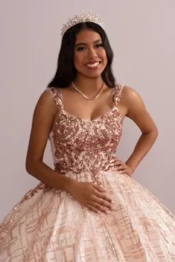 Patterned Sequin Quince Ball Gown With Bolero 11 Patterned Sequin Quince Ball Gown With Bolero -Kelly Shop FR2113 MROSEGOLD QUINCE PROD7 11089