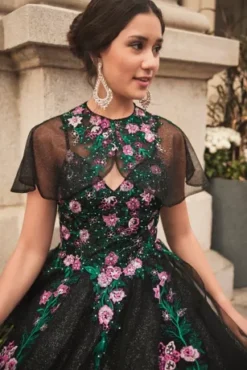 Multicolor Floral Quince Ball Gown With Capelet -Kelly Shop FR2202 2 PDP Crop JAN21 1920x2880