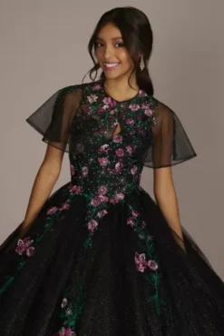 Multicolor Floral Quince Ball Gown With Capelet -Kelly Shop FR2202 BLACKMULTI QUINCE PROD12 067