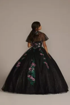 Multicolor Floral Quince Ball Gown With Capelet -Kelly Shop FR2202 BLACKMULTI QUINCE PROD12 183