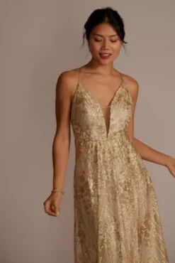 Sequin Embroidered Plunge Bridesmaid Dress -Kelly Shop GS290081 GOLD BM PROD11x 111