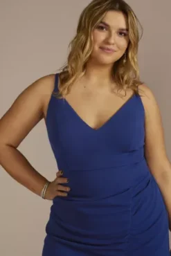 Short V-Neck Ruched Crepe Sheath Dress With Slit -Kelly Shop HVNP3405DB MROYAL JRPRTY PROD2 316