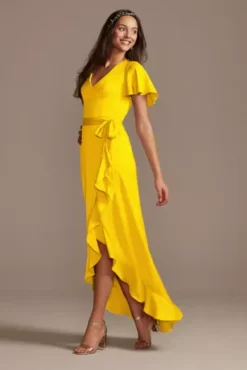 Flutter Sleeve Crepe Satin Ruffle Bridesmaid Dress