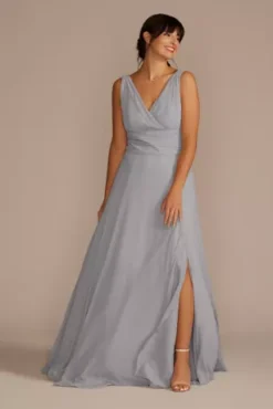 Long Chiffon Surplice Tank Bridesmaid Dress