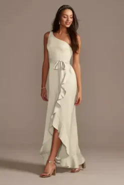 One Shoulder Crepe Satin Ruffle Bridesmaid Dress