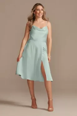 Satin Spaghetti Strap Cowl Midi Bridesmaid Dress