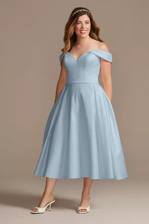 Off The Shoulder Satin Tea-Length Wedding Dress 1 Off The Shoulder Satin Tea-Length Wedding Dress