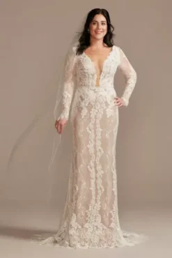 Illusion Plunge Long Sleeve Lace Wedding Dress