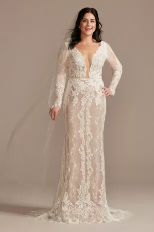 Illusion Plunge Long Sleeve Lace Wedding Dress 1 Illusion Plunge Long Sleeve Lace Wedding Dress