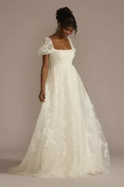 Embroidered Puff Sleeve Empire Waist Wedding Dress