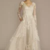 Long Sleeve Pleated Lace Applique Wedding Dress