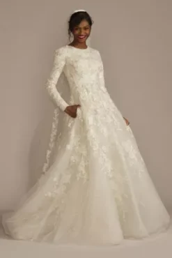 Beaded Lace Long Sleeve Modest Wedding Dress