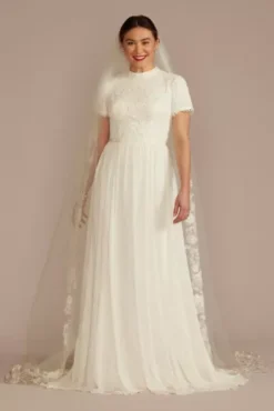 High Neck Short Sleeve Lace Modest Wedding Dress