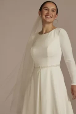 Belted Long Sleeve Crepe Modest Wedding Dress -Kelly Shop MSLWG4098 SOFTWHITE DBSTU PROD1 102