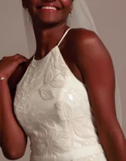 Sequin Leaf-Appliqued High Neck Petite Gown -Kelly Shop SDWG0686