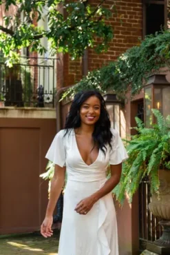 Flutter Sleeve Stretch Satin Dress With Ruffle Hem -Kelly Shop SDWG0825 2 PDP Crop JUN23 1920x2880