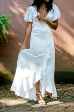 Flutter Sleeve Stretch Satin Dress With Ruffle Hem -Kelly Shop SDWG0825 4 PDP Crop JUN23 1920x2880