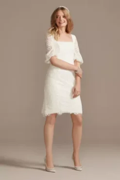Lace Square Neck Mini Dress With Bubble Sleeves