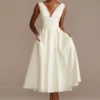 Satin V-Neck Tea Length A-Line Dress