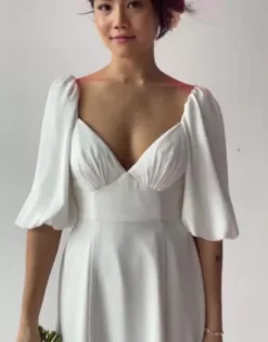 Bubble Sleeve Georgette V-Neck Wedding Dress -Kelly Shop SDWG0971 PDP