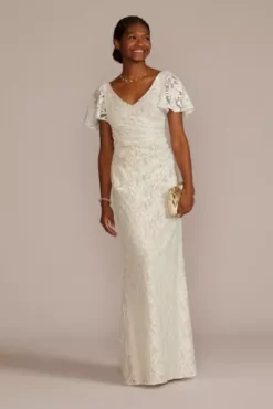 Lace Flutter Sleeve Draped Sheath Wedding Gown