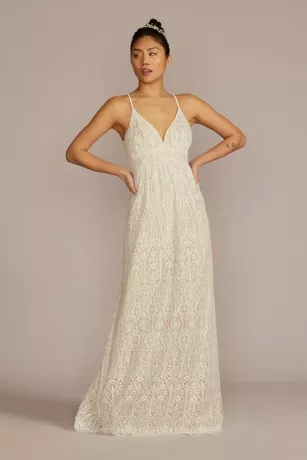 Allover Lace V-Neck Wedding Dress With Open Back 1 Allover Lace V-Neck Wedding Dress With Open Back