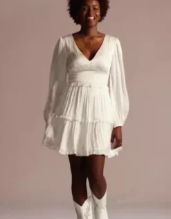 Ruffled Charmeuse V-Neck Long Sleeve Mini Dress -Kelly Shop SDWG1103