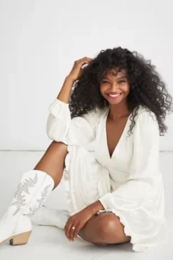 Ruffled Charmeuse V-Neck Long Sleeve Mini Dress -Kelly Shop SDWG1103 1 PDP Crop JAN19 1920x2880