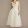 Tea-Length Plunging Neckline Lace Wedding Dress