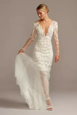 Embroidered Floral Illusion Bodysuit Wedding Dress -Kelly Shop SWG851 IVYWMBEIGE SIG PROD9 378