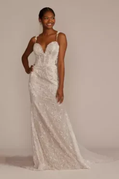 Open Back Sequin Wedding Gown With Lace Appliques