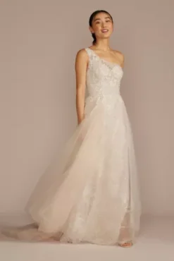 One-Shoulder Beaded Wedding Dress With Overskirt
