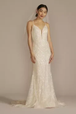 Strappy Back V-Neck Beaded Sheath Wedding Dress