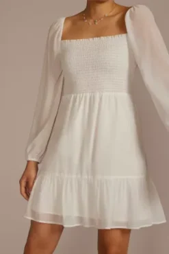 Smocked Long Sleeve Chiffon Short Dress -Kelly Shop T6570D MWHITE DBSTU PROD4 077