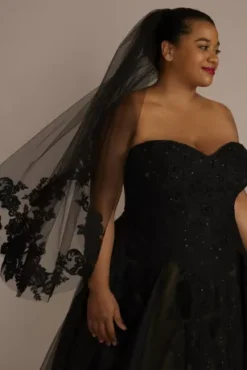 Lace-Trimmed Black Tulle Mid-Length Veil