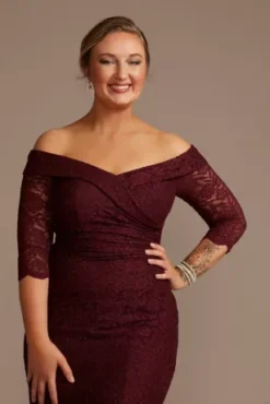 Off-the-Shoulder V-Neck Ruched Lace Gown -Kelly Shop WBM2263 WINE MOB PROD7 053