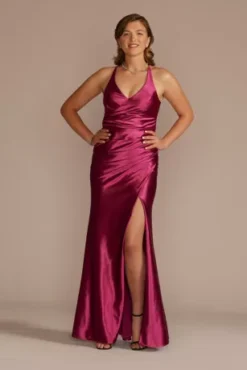 Ruched V-Neck Stretch Satin Sheath Gown With Slit