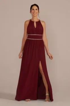 Halter Jersey Knit Gown With Rhinestone Waist
