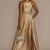Satin High Neck Illusion Waist A-Line Dress