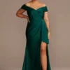 Off-the-Shoulder Stretch Satin Gown With Ruffle