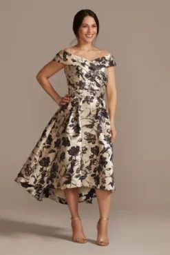 Metallic Brocade Off-the-Shoulder High-Low Gown