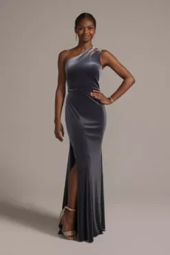 Cutout One-Shoulder Velvet Gown With Skirt Slit